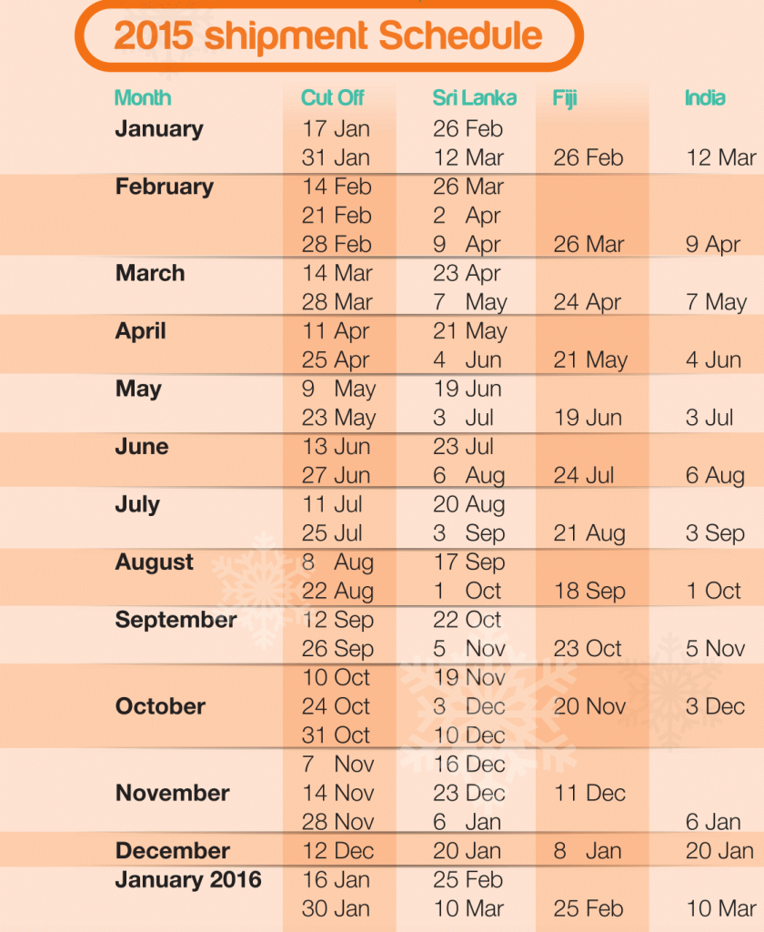Transco Cargo 2015 Calendar for Shipments Worldwide Shipping from Australia 